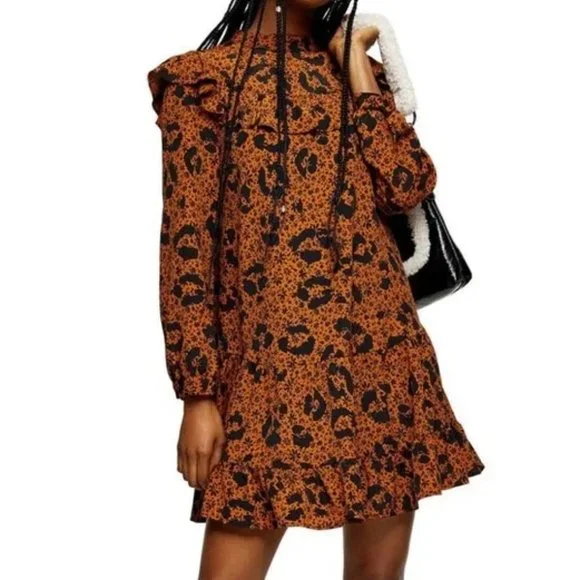 Topshop | Dresses | Topshop Brown Mustard Ruffle Yoke Floral Print Long  Sleeve Dress Womens Size 8 | Poshmark